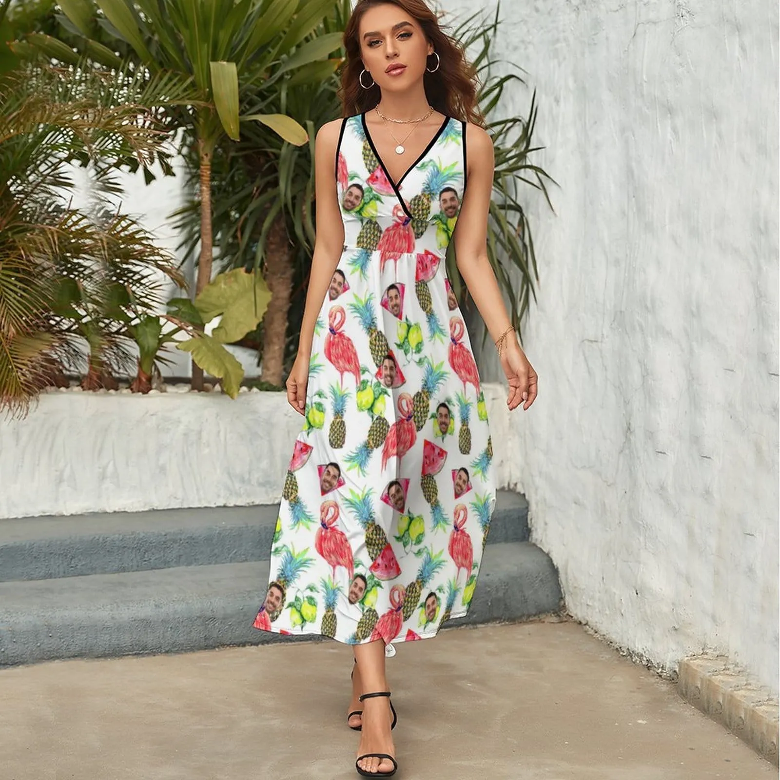 Custom Face Flamingo Watermelon Women's Sleeveless Dress Personalized Sundress