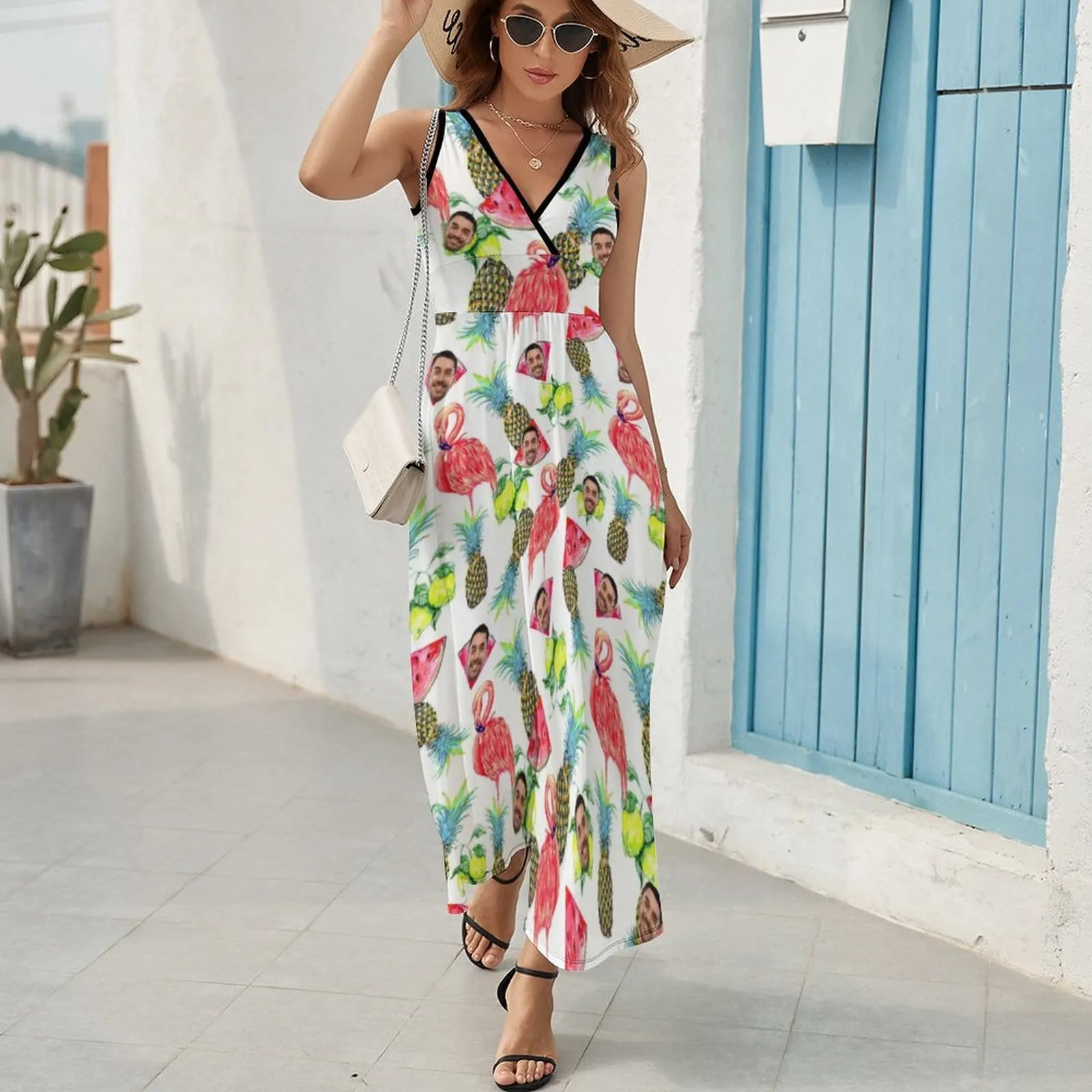 Custom Face Flamingo Watermelon Women's Sleeveless Dress Personalized Sundress