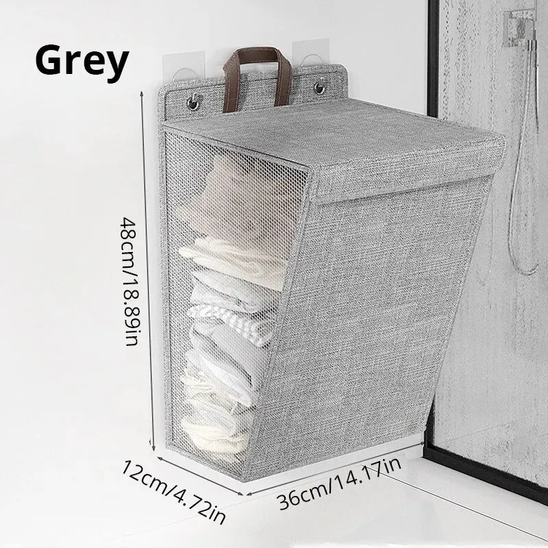 Foldable Adhesive Laundry Basket Hamper Wall Hanging Clothes Mesh Hook Organizer