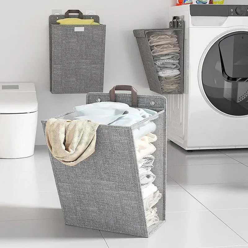 Foldable Adhesive Laundry Basket Hamper Wall Hanging Clothes Mesh Hook Organizer
