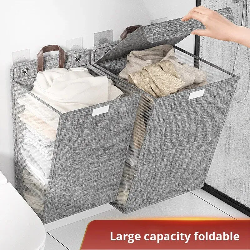 Foldable Adhesive Laundry Basket Hamper Wall Hanging Clothes Mesh Hook Organizer