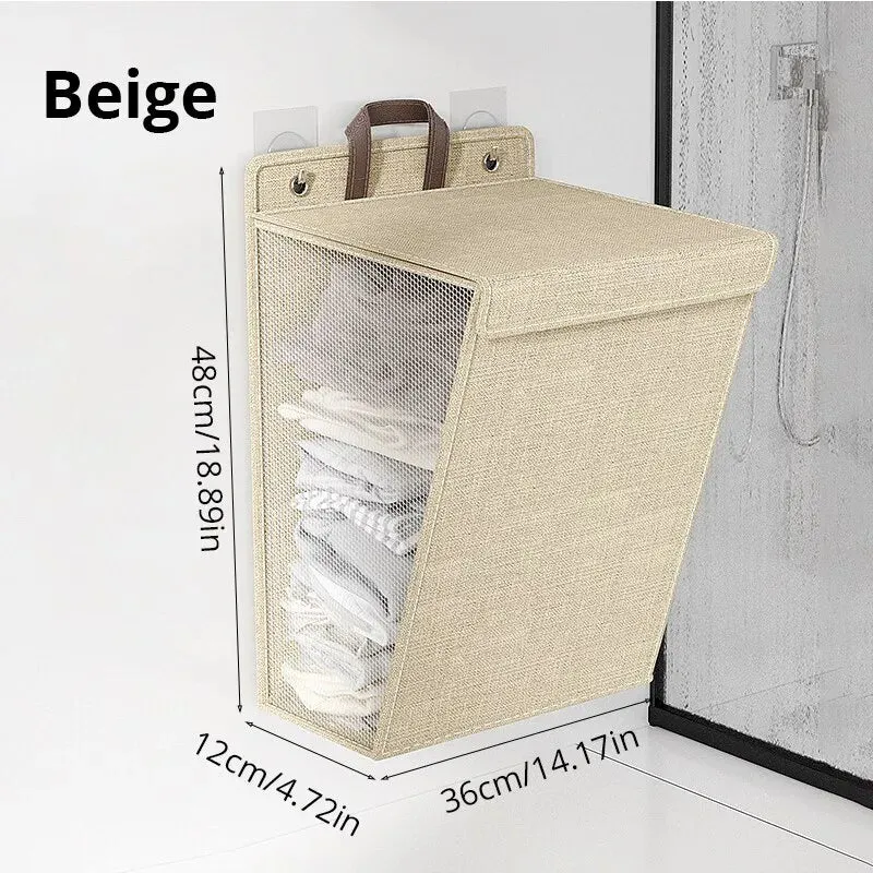 Foldable Adhesive Laundry Basket Hamper Wall Hanging Clothes Mesh Hook Organizer