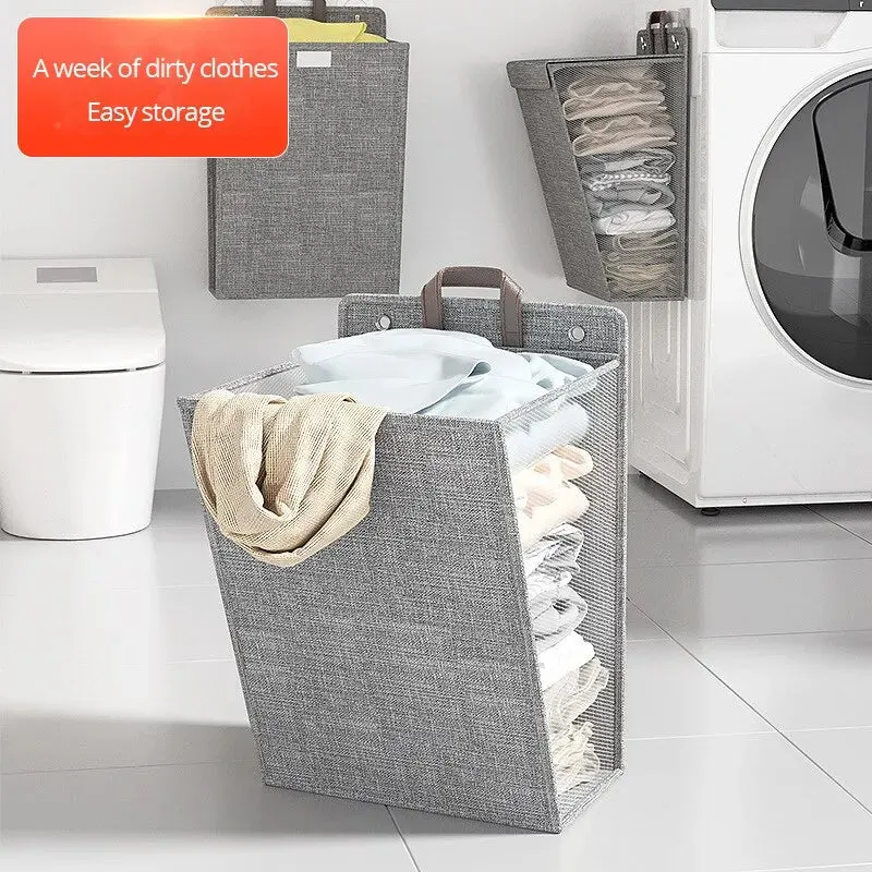 Foldable Adhesive Laundry Basket Hamper Wall Hanging Clothes Mesh Hook Organizer