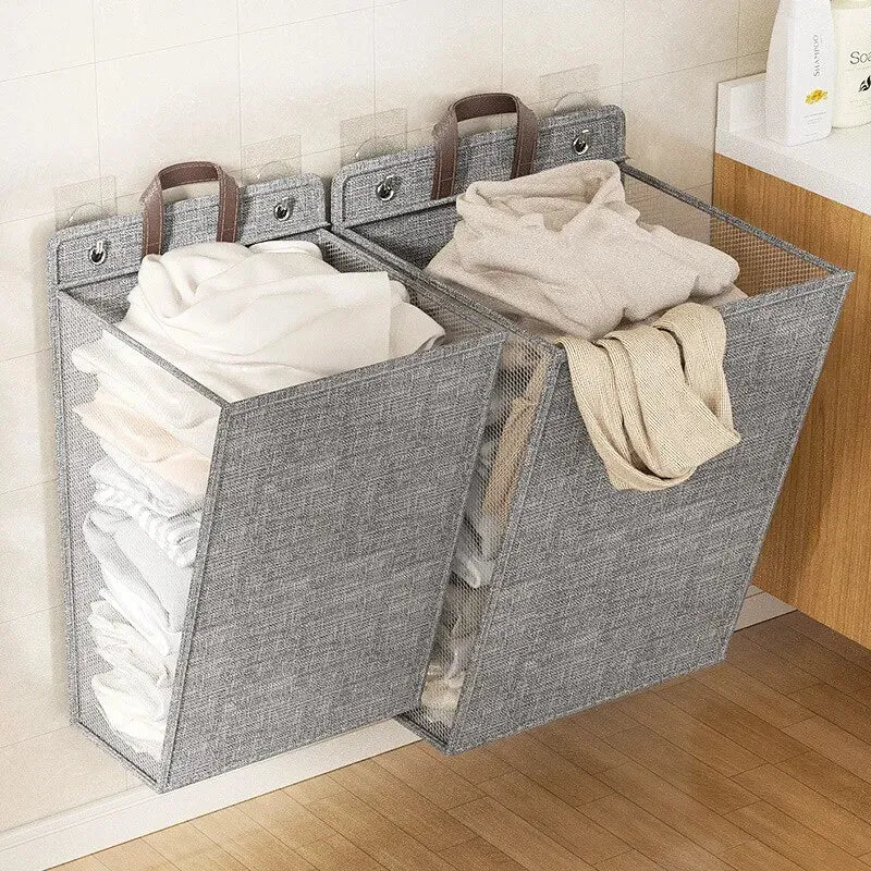 Foldable Adhesive Laundry Basket Hamper Wall Hanging Clothes Mesh Hook Organizer