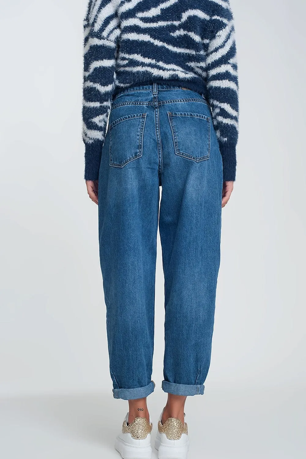 High Waisted Mom Jeans With Two Ruffles In The Waistline In Dark Wash Blue