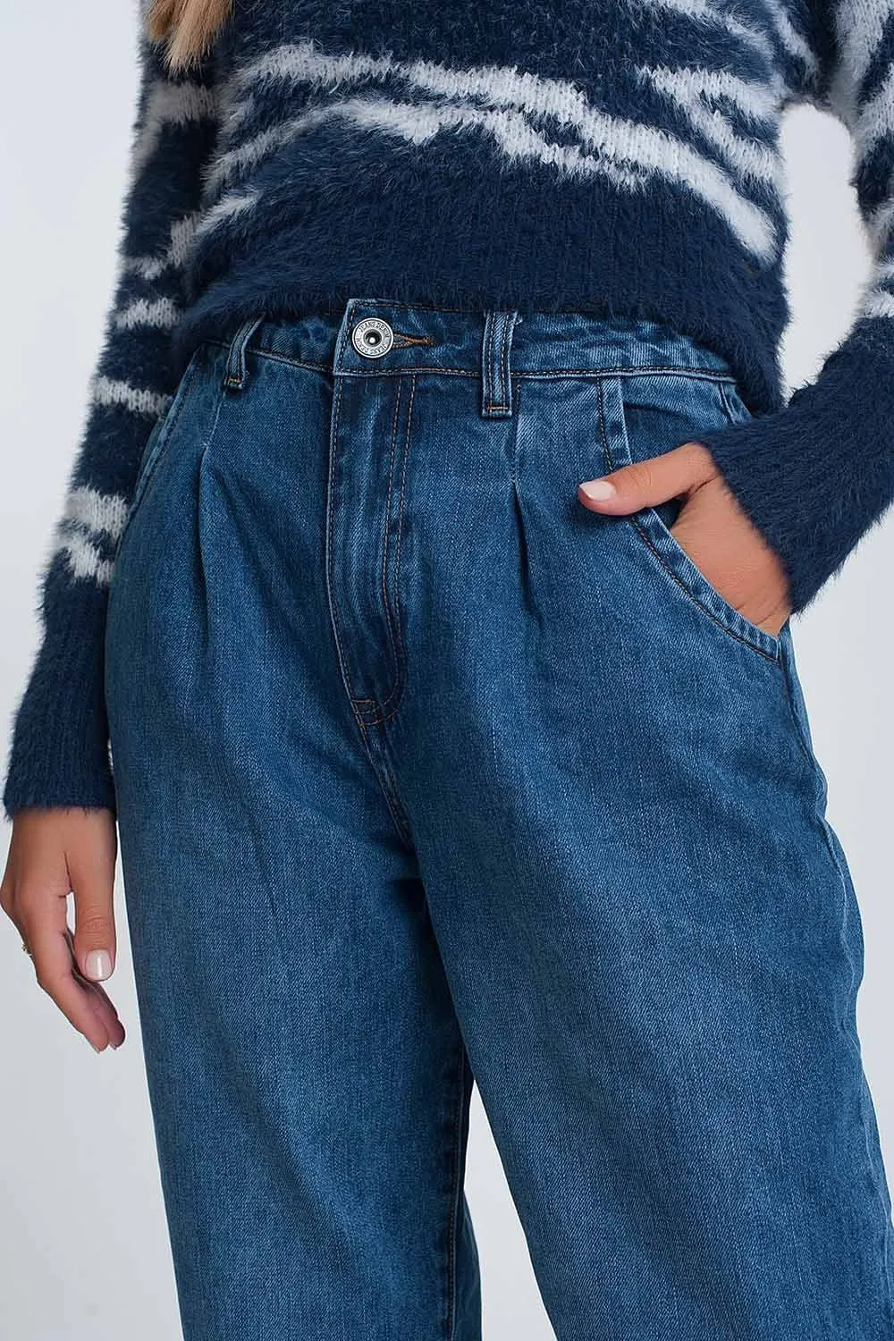 High Waisted Mom Jeans With Two Ruffles In The Waistline In Dark Wash Blue