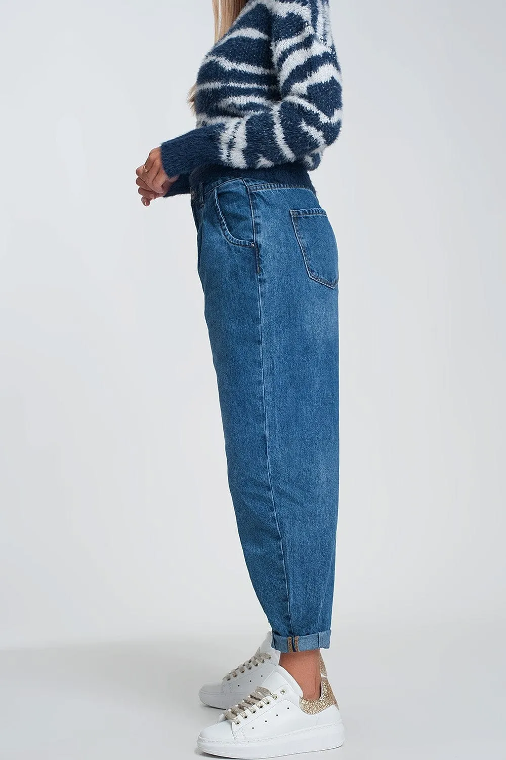High Waisted Mom Jeans With Two Ruffles In The Waistline In Dark Wash Blue