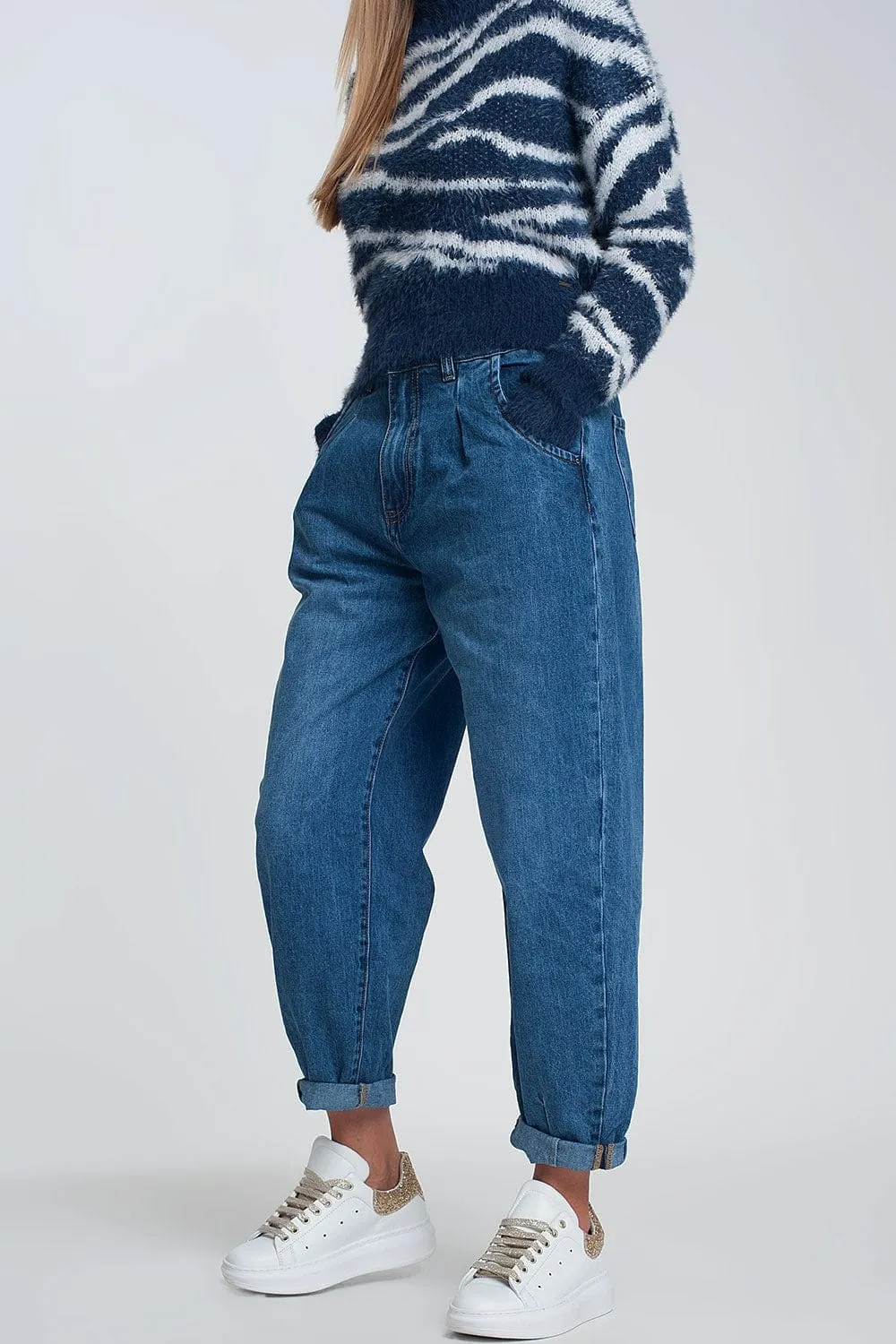 High Waisted Mom Jeans With Two Ruffles In The Waistline In Dark Wash Blue