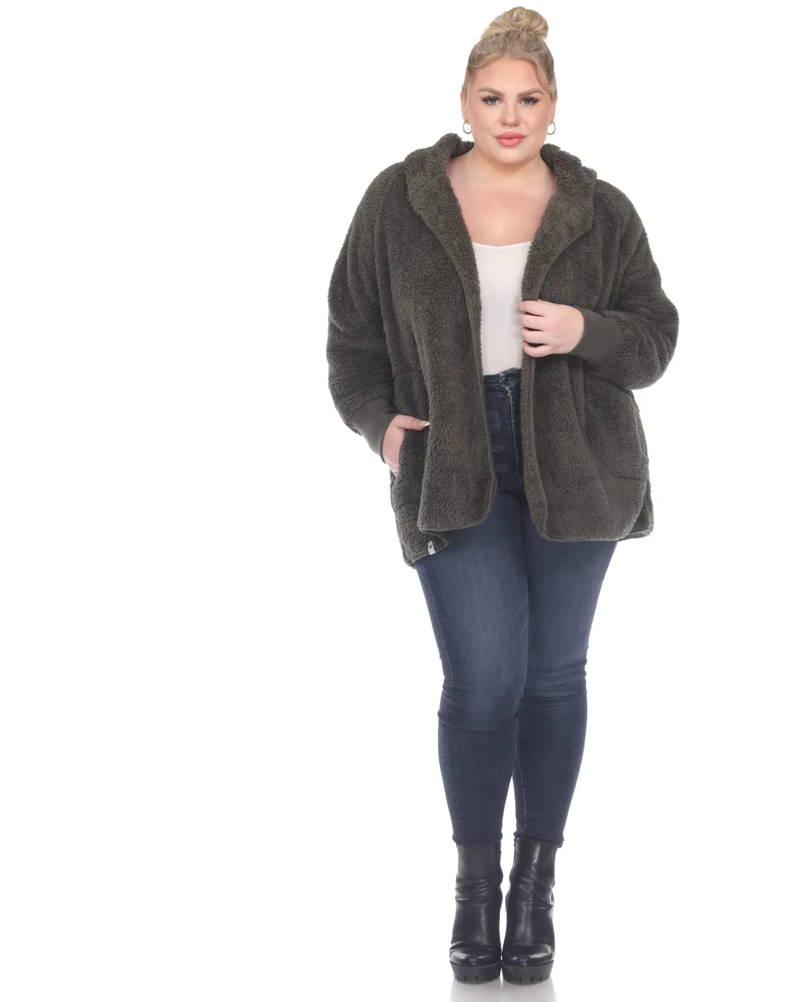 Plush Hooded Cardigan with Pockets | Army Green