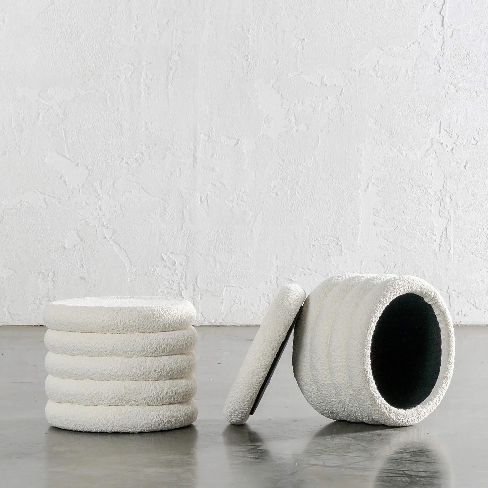 SEVILLA RIBBED STORAGE OTTOMAN  |  TERRACE WHITE BOUCLE