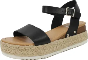 Soda Clip Black Vegan Leather Casual Espadrilles Trim Flatform Wedge Sandals