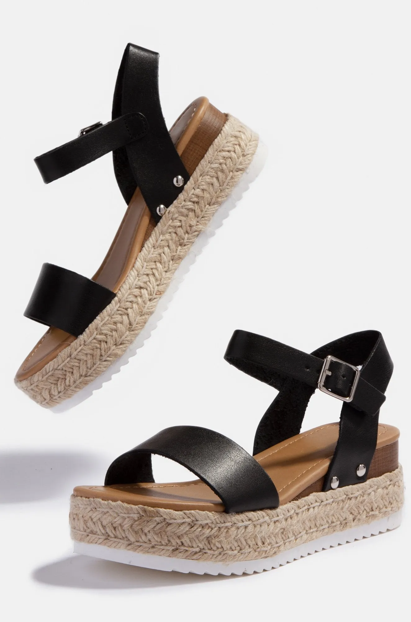 Soda Clip Black Vegan Leather Casual Espadrilles Trim Flatform Wedge Sandals