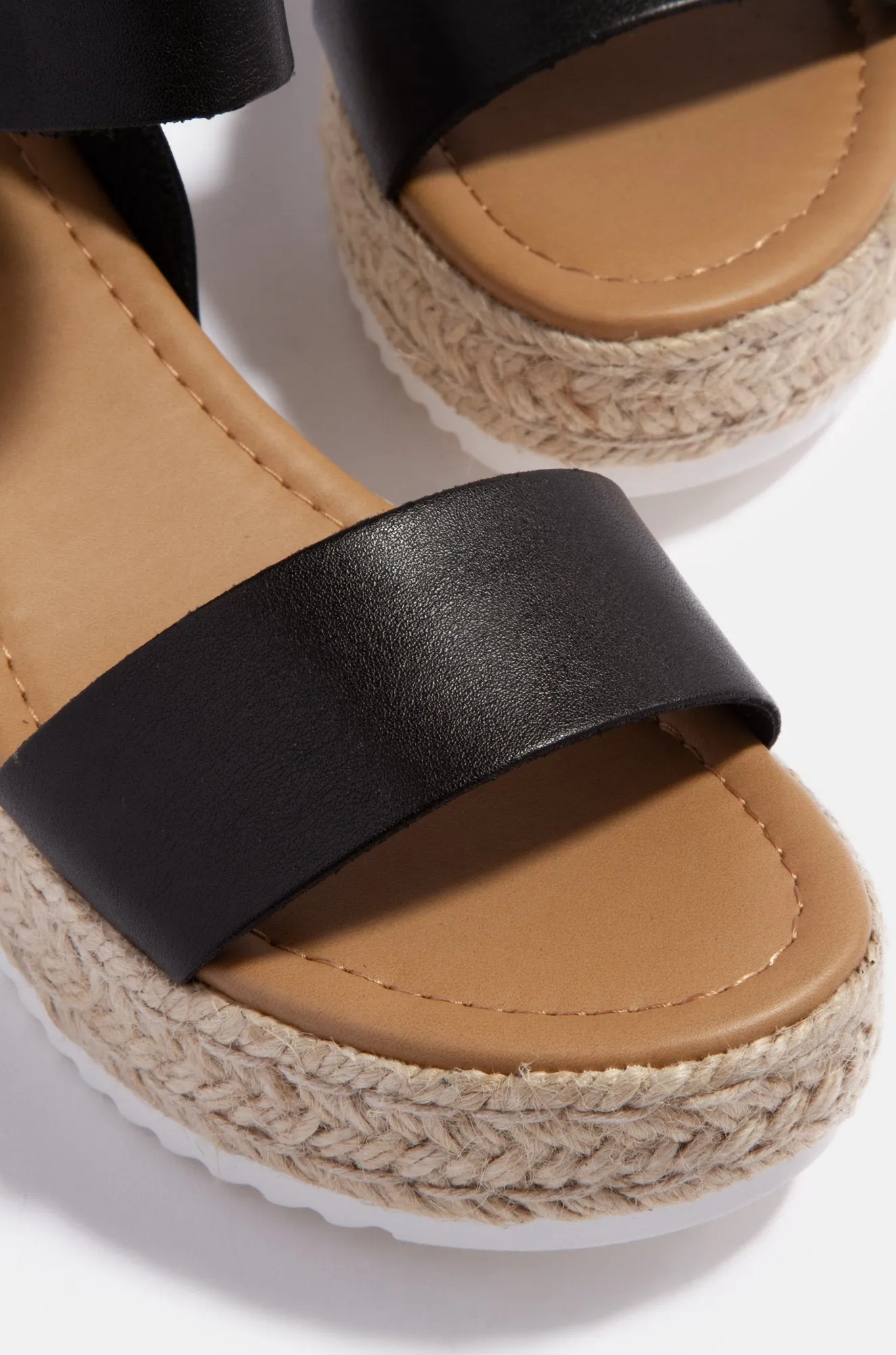 Soda Clip Black Vegan Leather Casual Espadrilles Trim Flatform Wedge Sandals