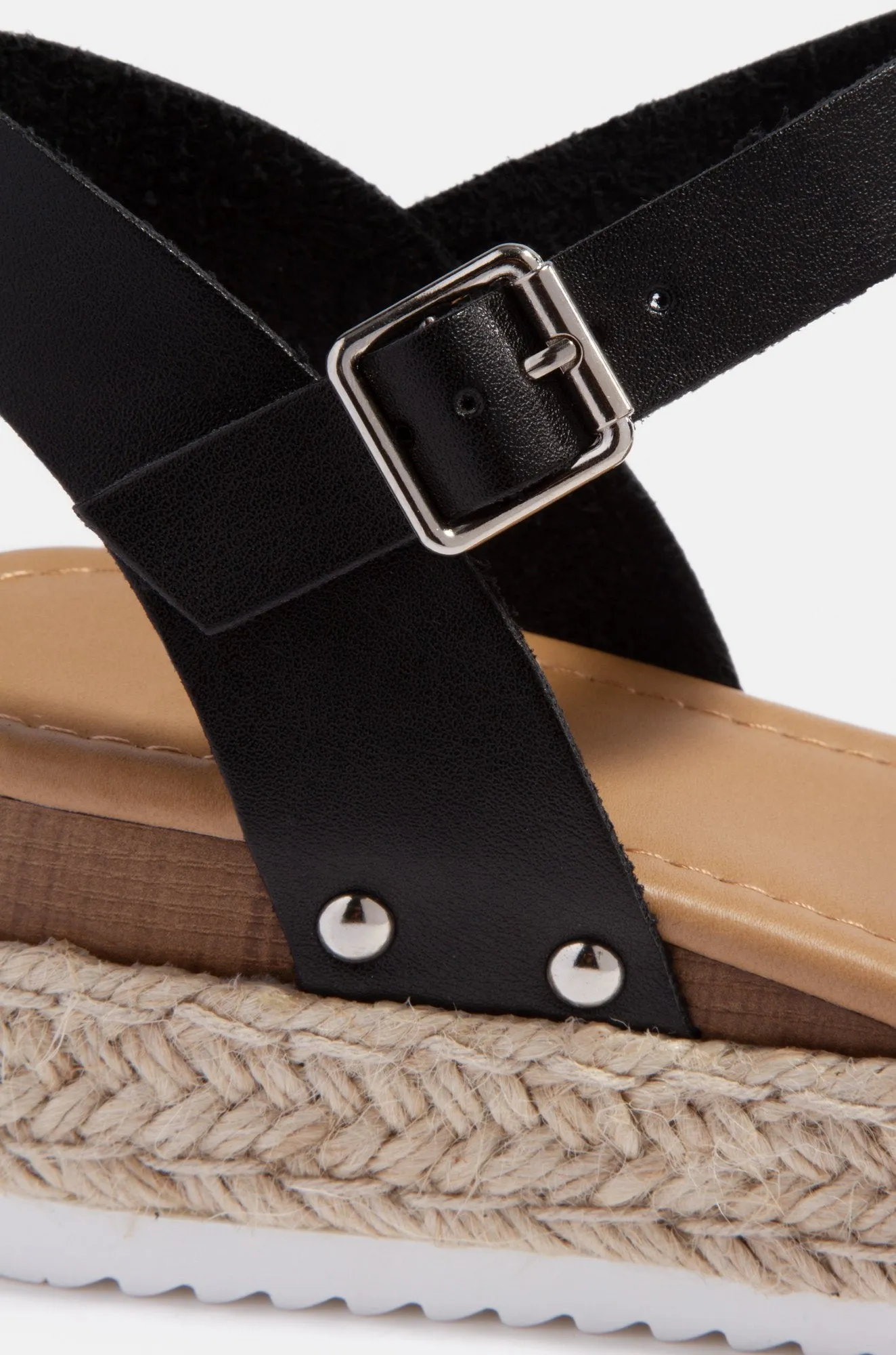 Soda Clip Black Vegan Leather Casual Espadrilles Trim Flatform Wedge Sandals