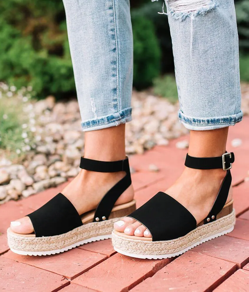 Soda Topic Open Toe Buckle Ankle Strap Espadrilles Flatform Wedge Casual Sandal (5.5, Black)
