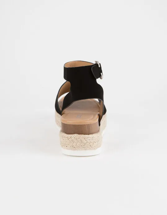 Soda Topic Open Toe Buckle Ankle Strap Espadrilles Flatform Wedge Casual Sandal (5.5, Black)