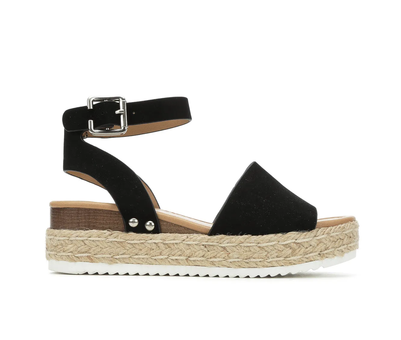 Soda Topic Open Toe Buckle Ankle Strap Espadrilles Flatform Wedge Casual Sandal (5.5, Black)