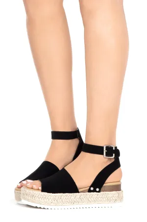 Soda Topic Open Toe Buckle Ankle Strap Espadrilles Flatform Wedge Casual Sandal (5.5, Black)