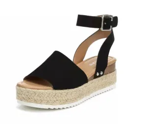 Soda Topic Open Toe Buckle Ankle Strap Espadrilles Flatform Wedge Casual Sandal (6.5, Black)