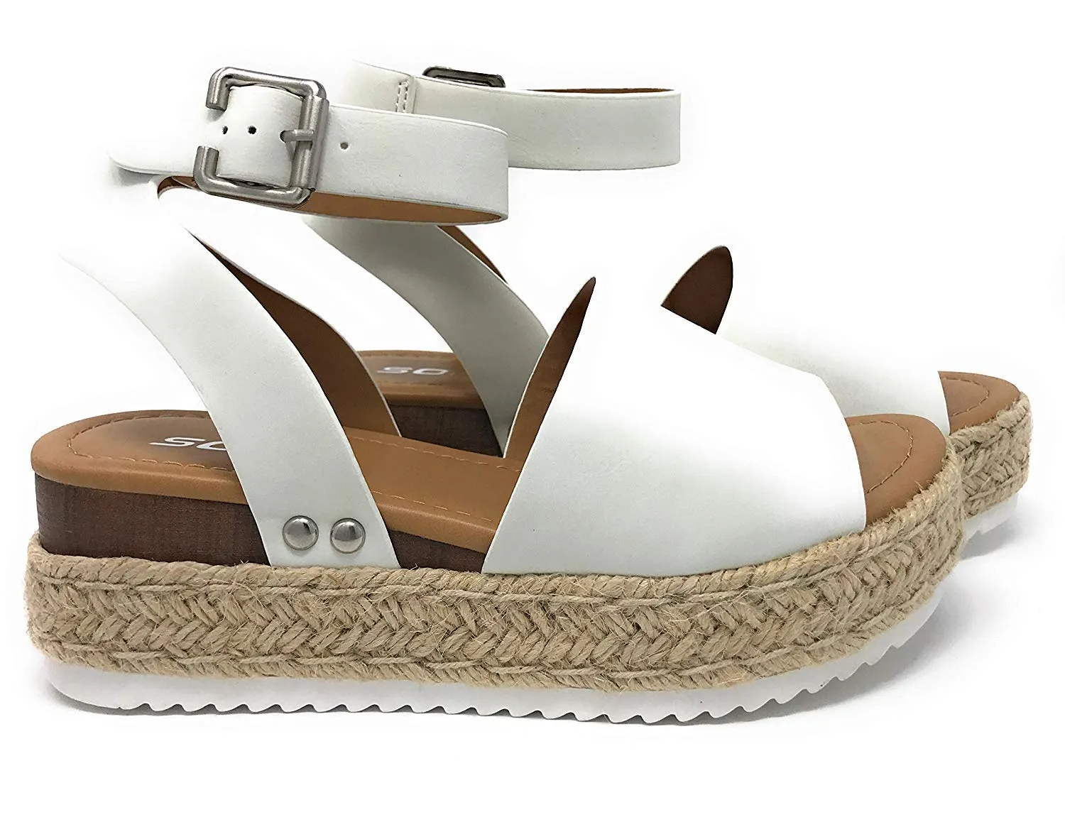 Soda Topic Open Toe Buckle Ankle Strap Espadrilles Flatform Wedge Casual Sandal (6.5, Off White)