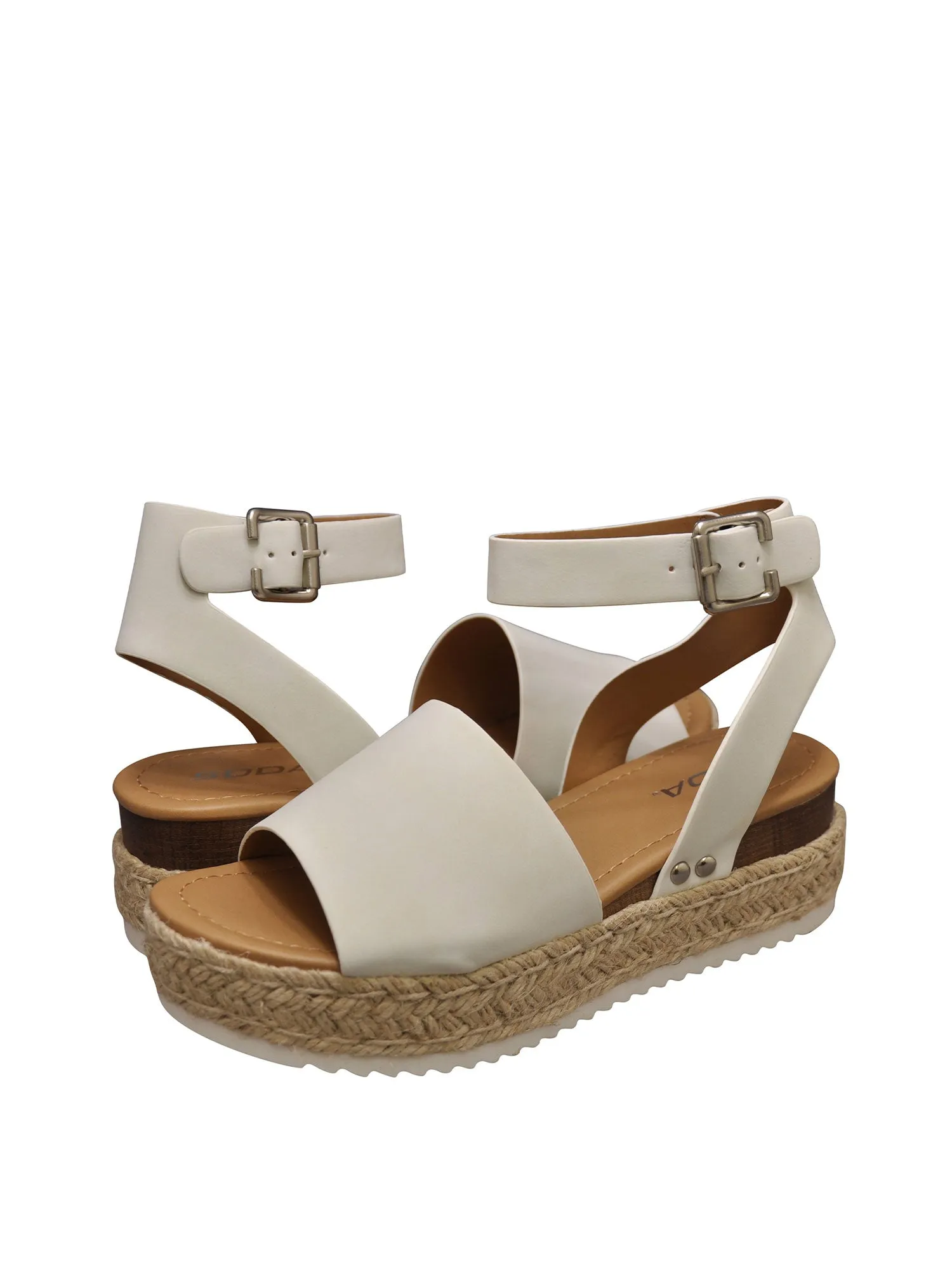 Soda Topic Open Toe Buckle Ankle Strap Espadrilles Flatform Wedge Casual Sandal (6.5, Off White)