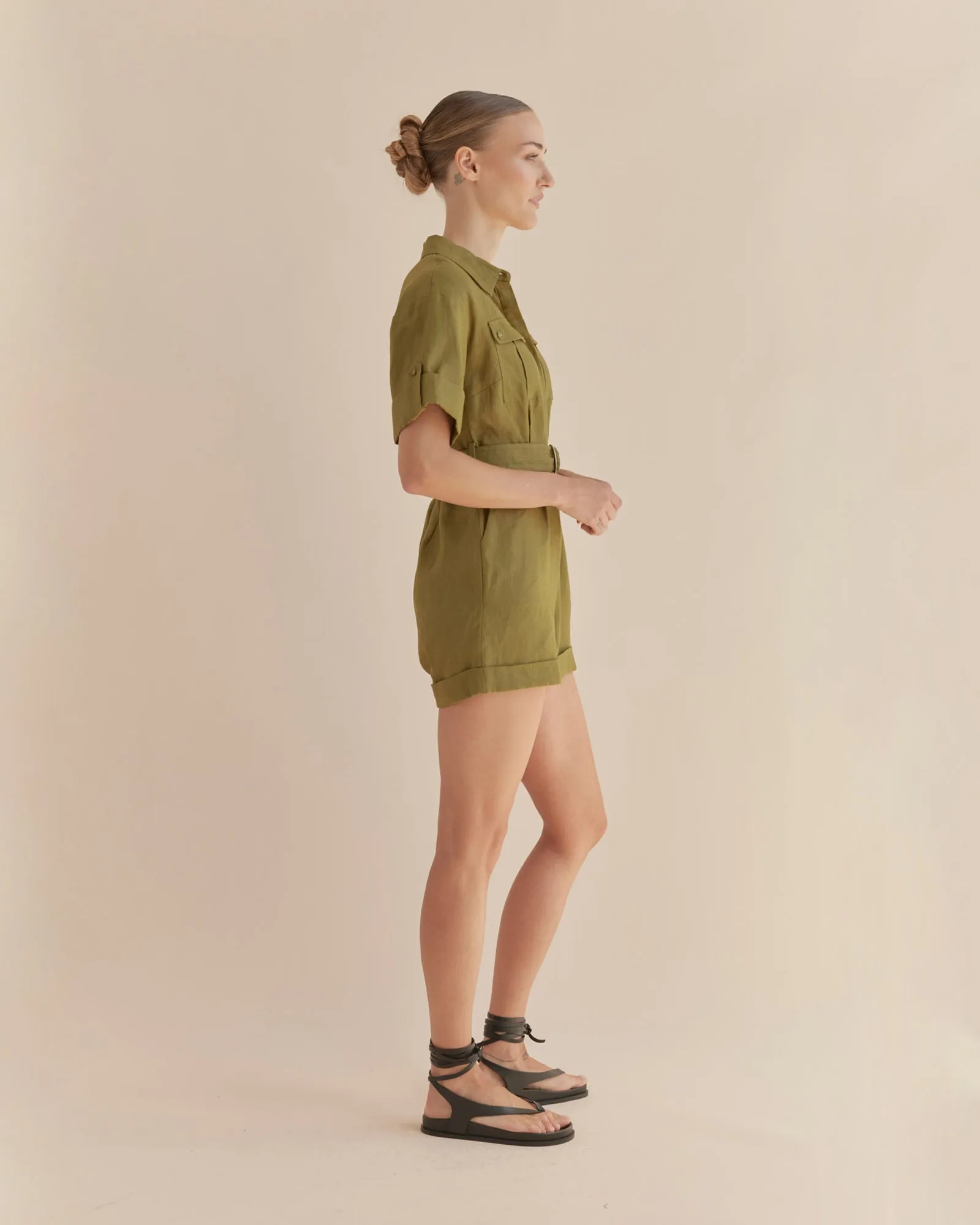 Surreal Linen Playsuit - Olive