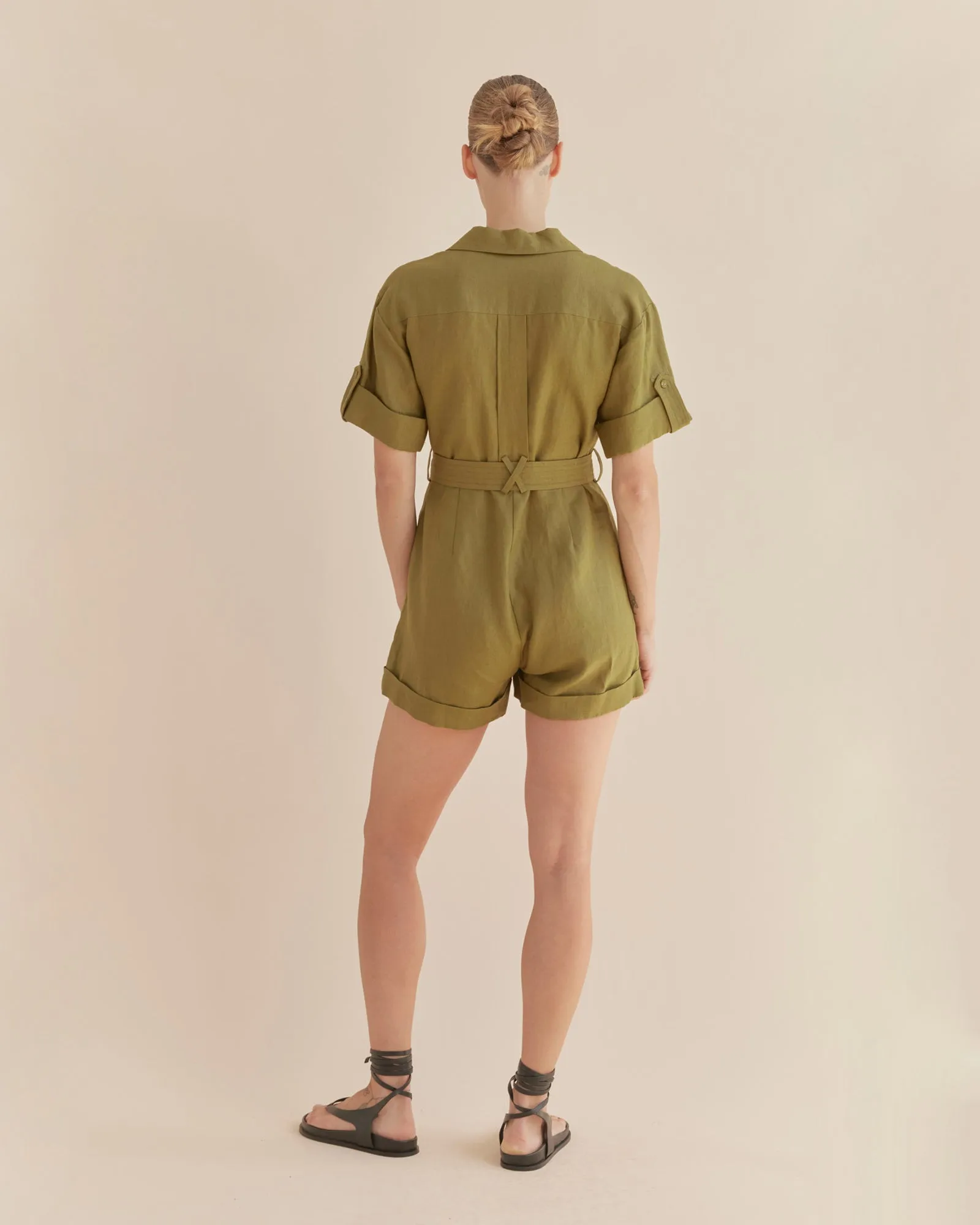Surreal Linen Playsuit - Olive