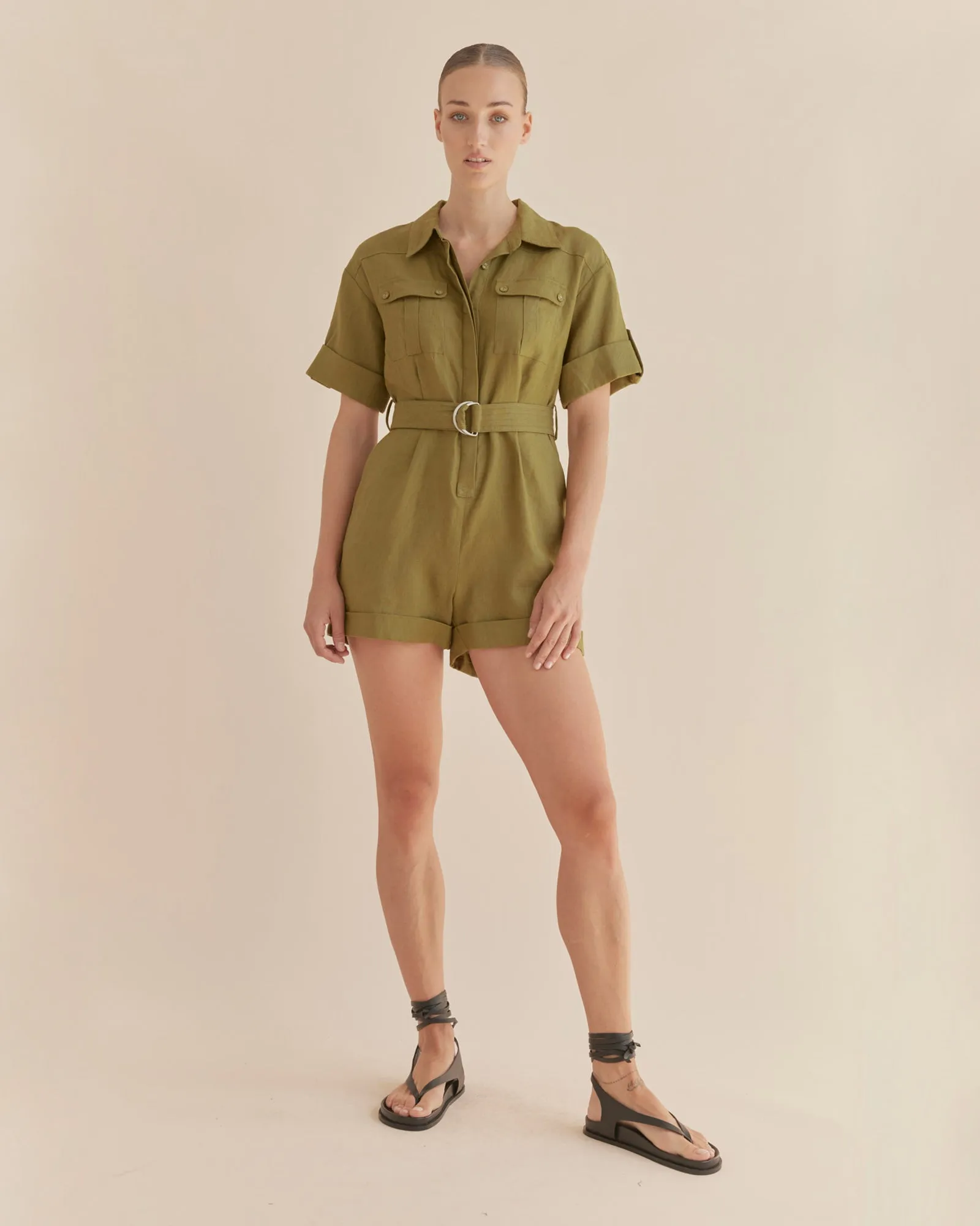 Surreal Linen Playsuit - Olive
