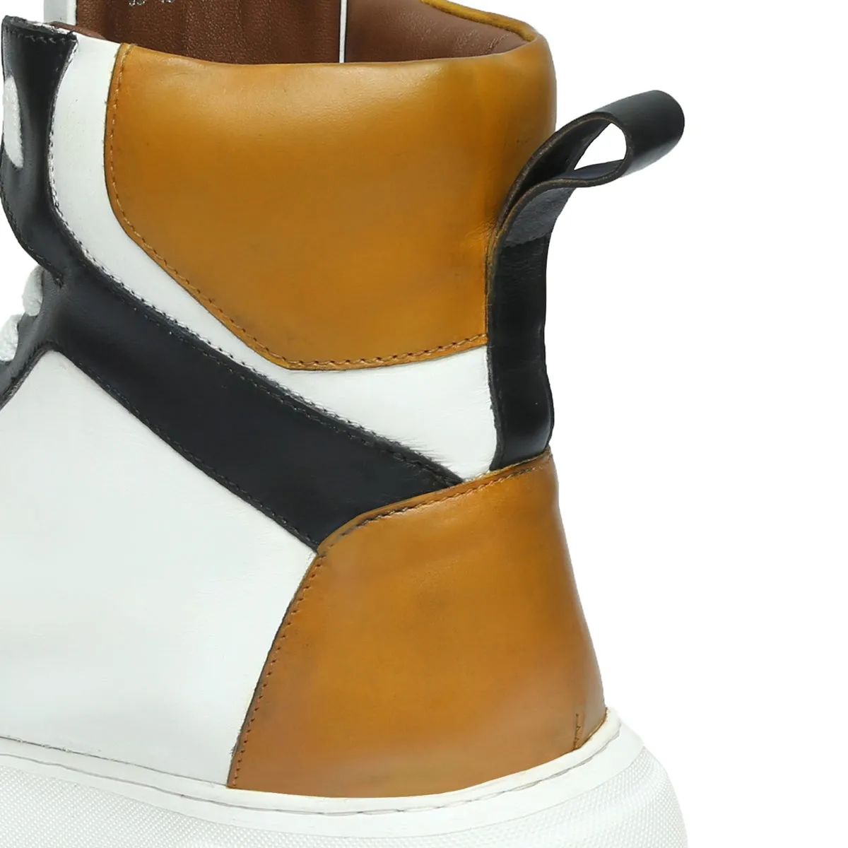 White High Ankle Sneakers with Contrasting Black & Yellow Leather Detailing by Brune & Bareskin
