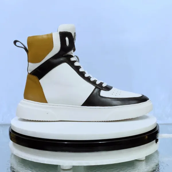 White High Ankle Sneakers with Contrasting Black & Yellow Leather Detailing by Brune & Bareskin