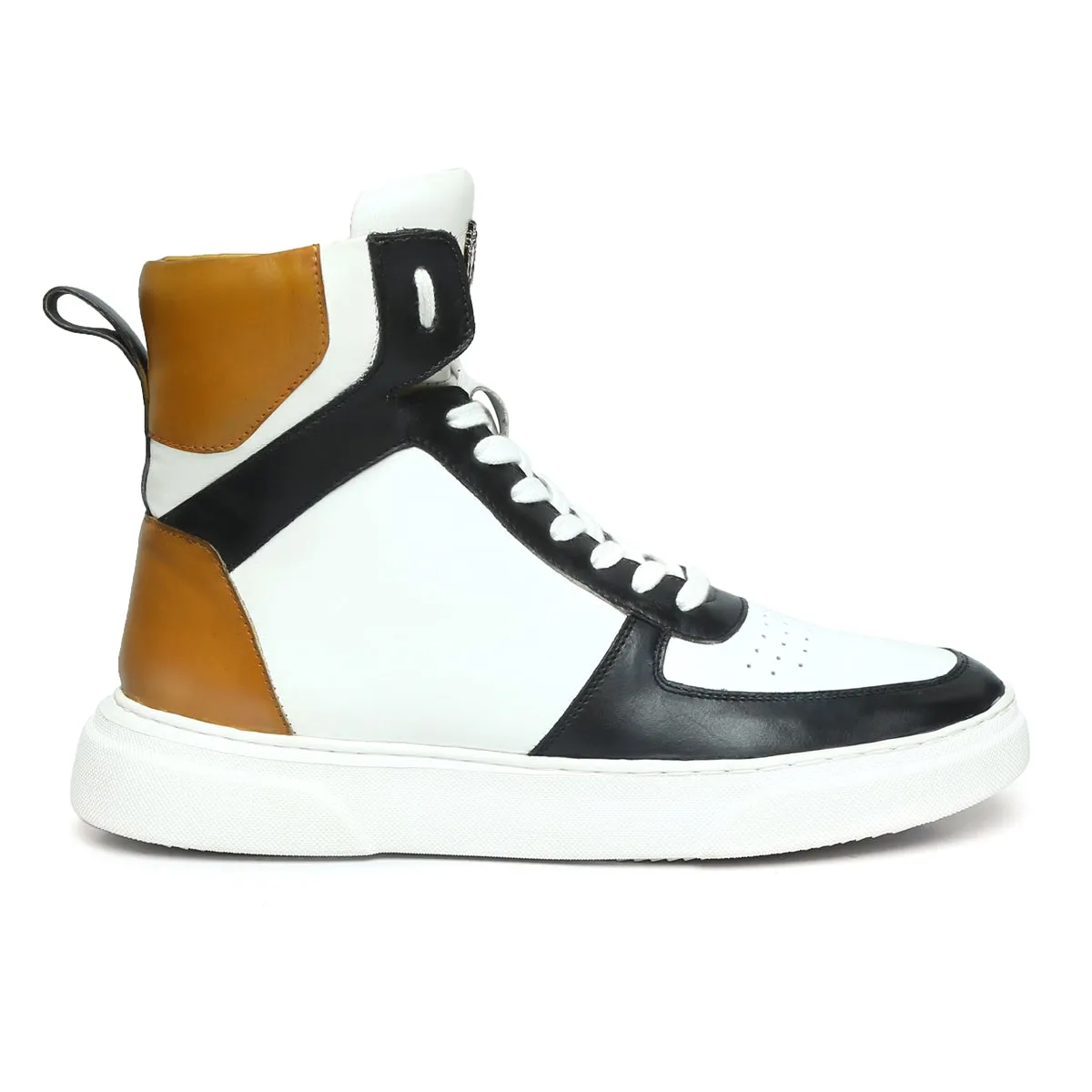 White High Ankle Sneakers with Contrasting Black & Yellow Leather Detailing by Brune & Bareskin