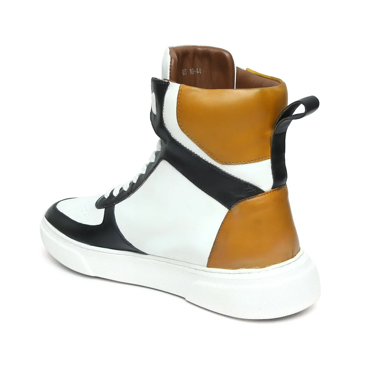 White High Ankle Sneakers with Contrasting Black & Yellow Leather Detailing by Brune & Bareskin