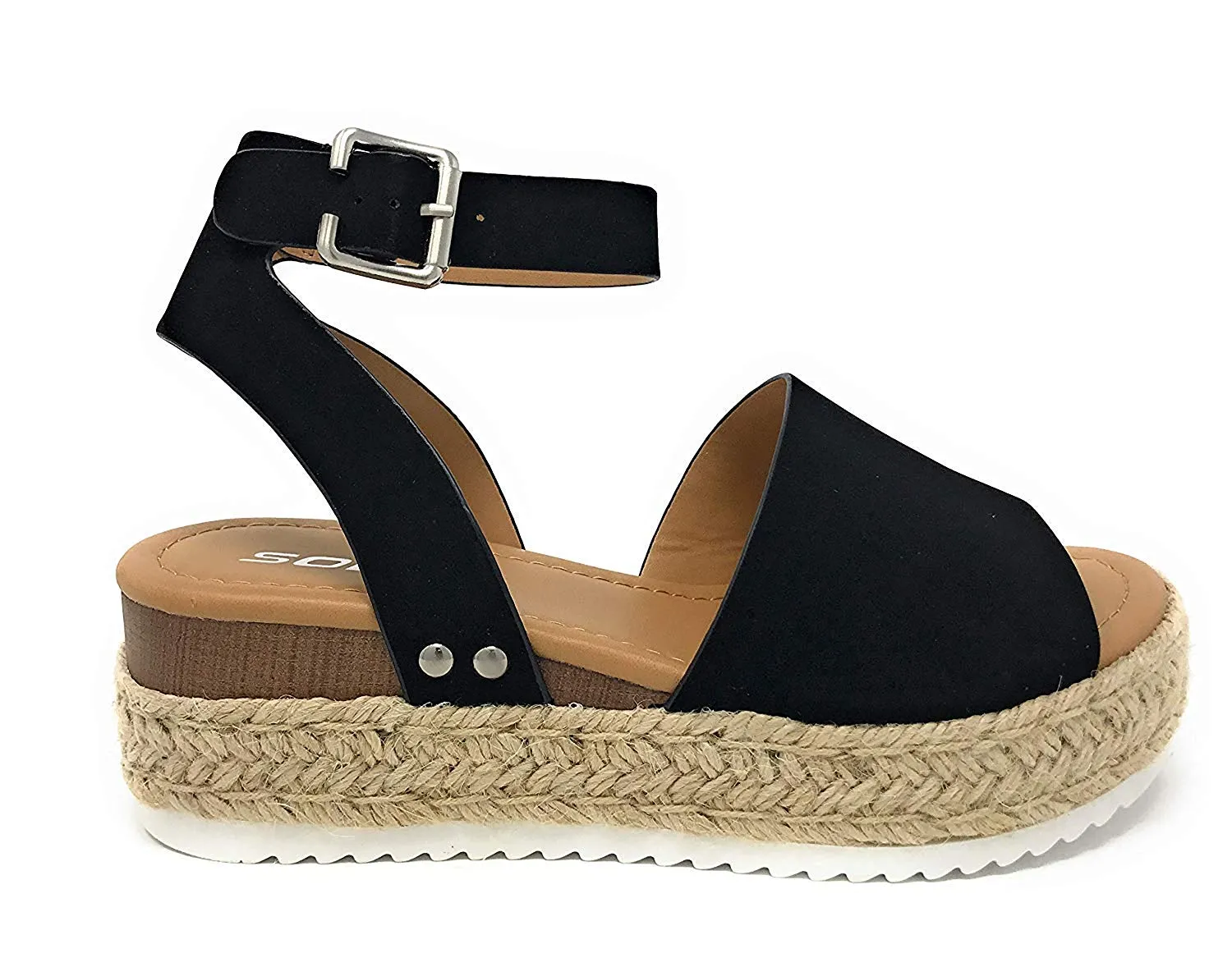 Womens Casual Espadrilles Trim Rubber Sole Flatform Studded Wedge Buckle Ankle Strap Open Toe Sandal