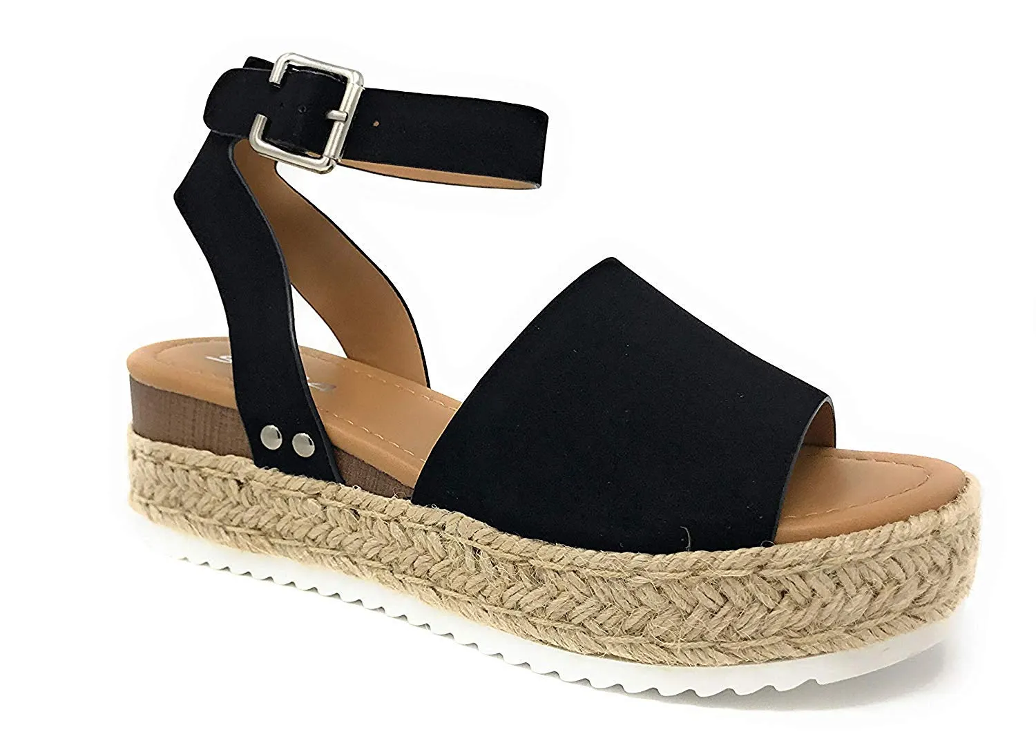 Womens Casual Espadrilles Trim Rubber Sole Flatform Studded Wedge Buckle Ankle Strap Open Toe Sandal