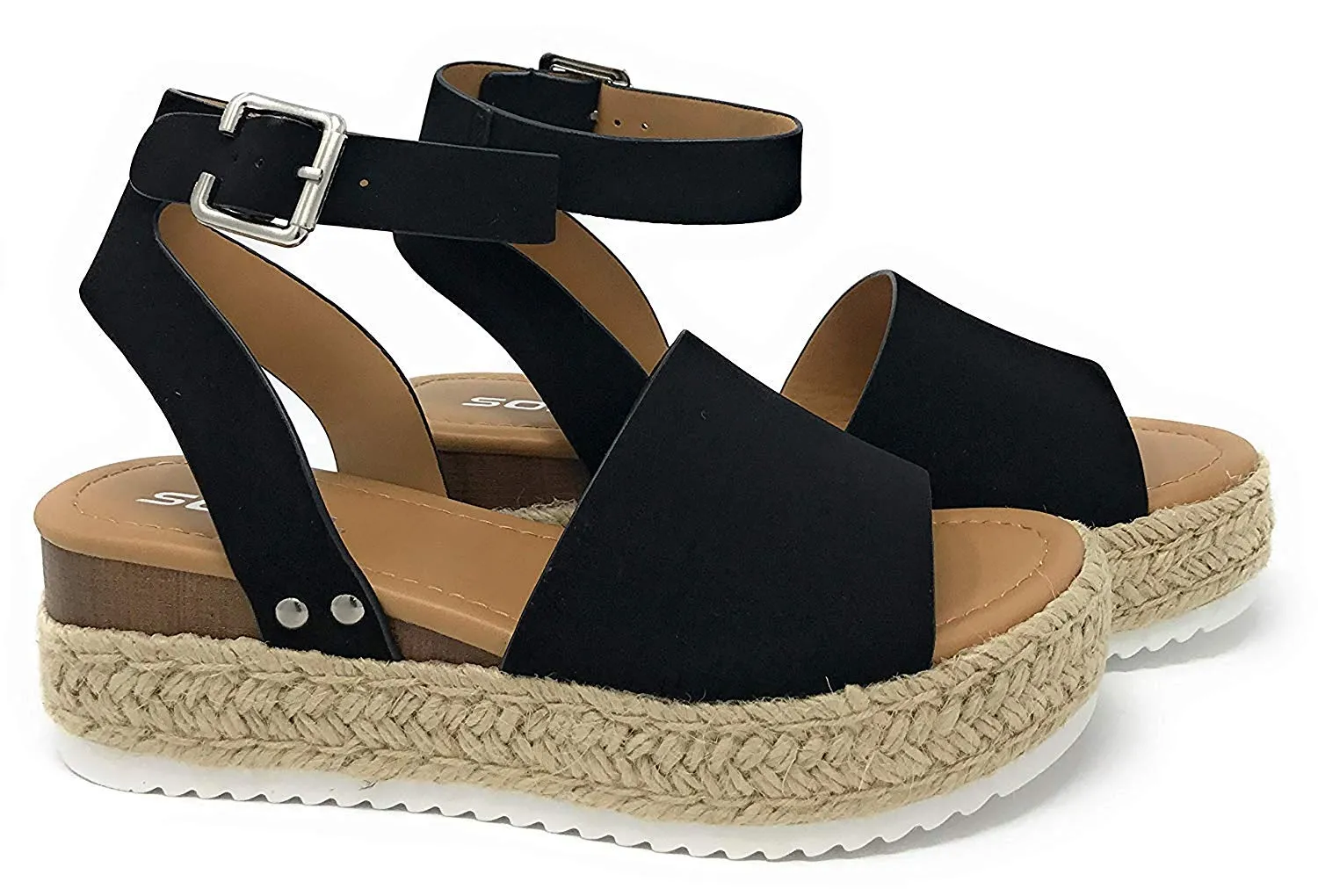 Womens Casual Espadrilles Trim Rubber Sole Flatform Studded Wedge Buckle Ankle Strap Open Toe Sandal