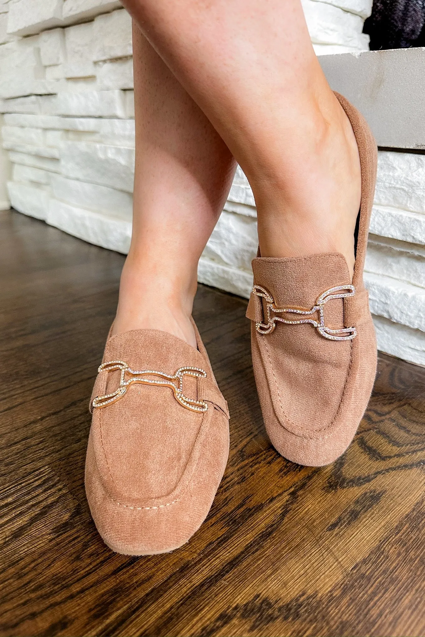 Won the Lottery Crystal Gold Metal Chain Suede Loafer in Camel